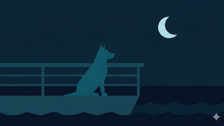 A dog on the deck of the overnight Cherbourg–Rosslare ferry under a crescent moon.